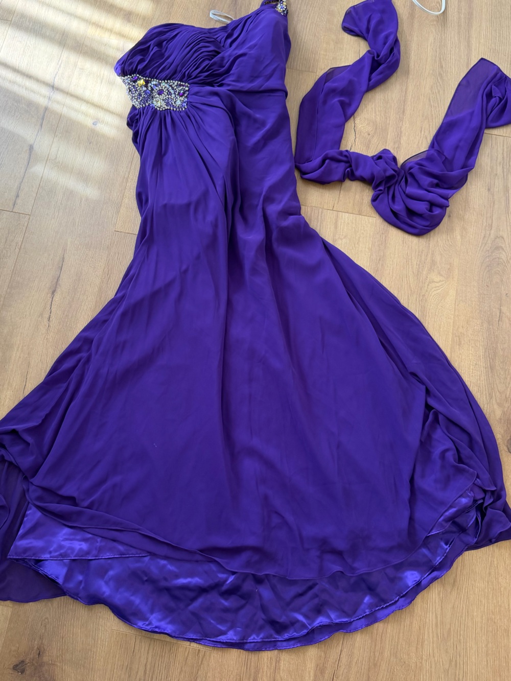 Cinderella Royal Purple One-Shoulder Evening Gown with Jeweled Waist